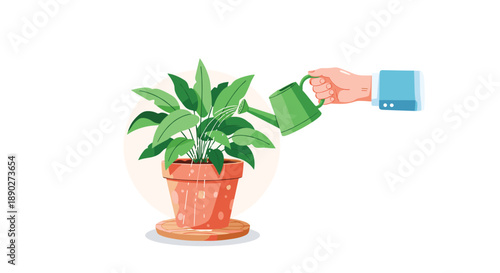 A hand holding a watering can gently showering water on a lush green potted plant representing care growth nurturing and the joy of gardening and plant cultivation, Generative AI.