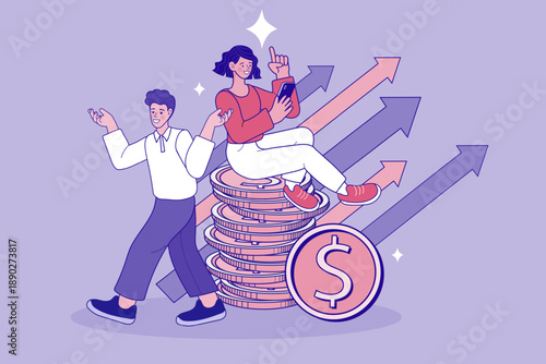 Achieve financial freedom and investment growth with smart wealth management. Professional woman sitting on coins with rising arrows for success, savings, and passive income concepts.
