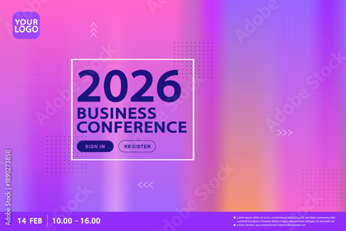 Modern business conference banner template with iridescent gradient background. Professional layout with copy space for corporate events, webinars, and marketing announcements.