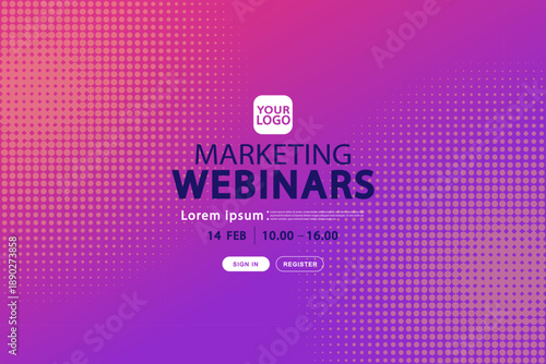 Professional marketing webinar banner with purple gradient and halftone pattern. Modern digital event template for online seminars, business conferences, and creative marketing ads.