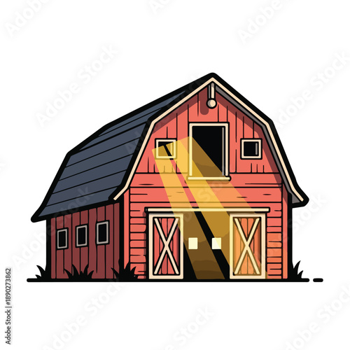 Red Barn with Open Door and Windows.