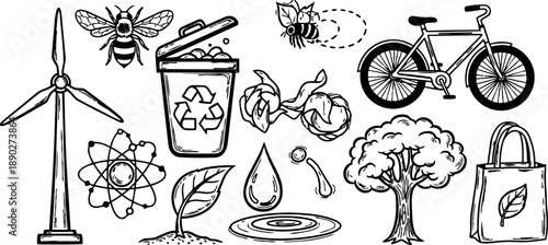Hand drawn black and white eco icons with wind turbine, recycling bin, bees, bicycle, tree, water drop, and reusable bag illustration
