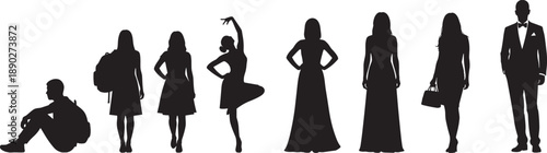 Black silhouette collection showing human life stages from a student with a backpack to a professional woman and a successful businessman in a tuxedo
