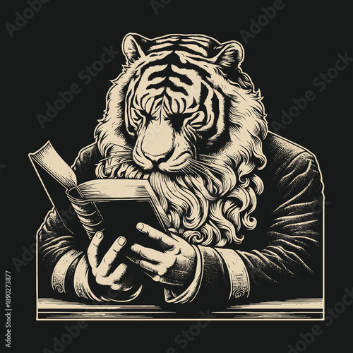 Tiger Scholar: A Feline Intellectual Engrossed in Literature.