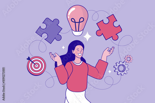 Creative businesswoman managing complex tasks and solving business problems with new ideas. Professional woman with puzzle pieces, lightbulb, and gears for project management concept.
