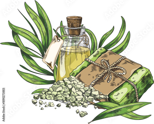 Tea tree green leaves, soap and essential oil jug sketch, vector hand drawn organic cosmetics and tea drink products