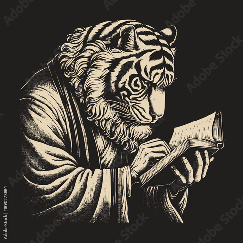 Tiger Scholar: A Focused Feline Reading a Book with Intense Concentration.