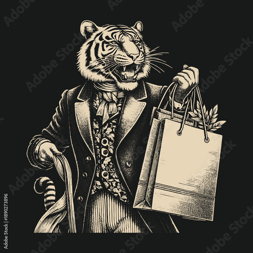 Tiger in a Suit: A Whimsical Shopping Spree Illustration.