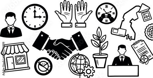 Black silhouette business icons set with handshake, clocks, hands, store, office worker and global gear elements in vector art