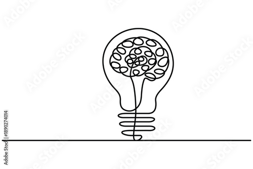 Intelligence concept brain light bulb continuous one line outline vector.Idea and creativity brain light bulb continuous one line drawing illustration.