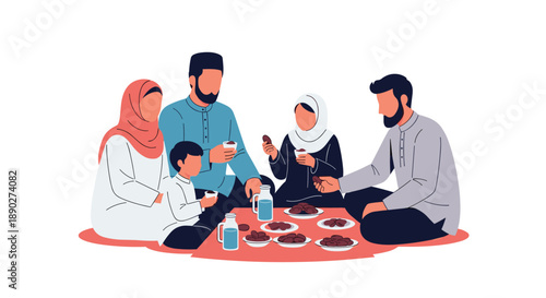 Muslim Family Iftar Gathering: A diverse Muslim family including parents and children sharing a meal together on the floor celebrating Ramadan with joy and togetherness, Generative AI.