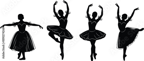 Ballet dancer silhouettes performing graceful classical poses, female ballet art illustration isolated on white background, elegance movement dance concept