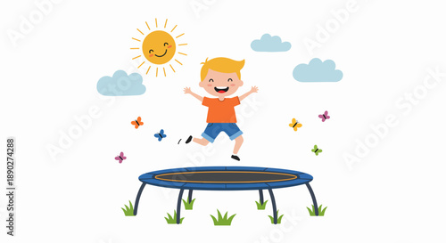 Happy little boy jumping on a trampoline under a smiling sun with butterflies and clouds, illustrating joyful outdoor activity and summer fun.