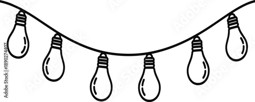 Black outline string of seven light bulbs on a curved wire string lights black and white