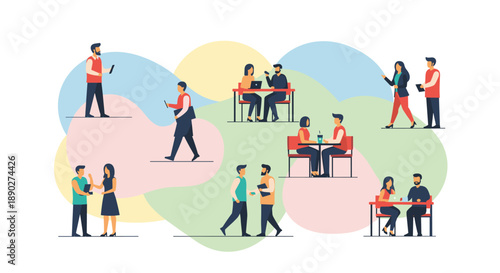 Diverse group of people in various social and professional settings including meetings cafes and walking illustrating modern urban life and interactions with colorful abstra, Generative AI.