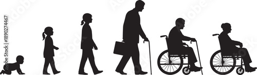 Black silhouette illustrating the human life cycle evolution from a crawling baby and young child to an adult and elderly seniors in wheelchairs