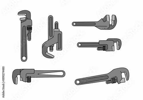 Set of Six Vector Illustrations of Adjustable Pipe Wrenches. Essential tools for plumbing, construction, home repair, and industrial maintenance projects on a clean white background.