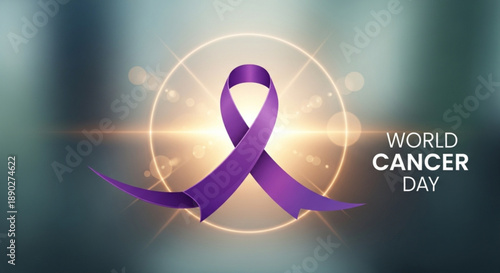 Purple ribbon symbol for world cancer day awareness campaign with glowing background