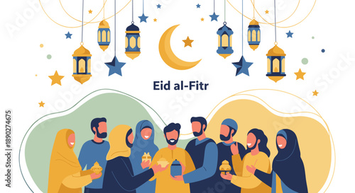 Vibrant illustration depicting a joyous gathering of diverse people celebrating Eid al-Fitr sharing gifts and smiles amidst festive lanterns and crescent moon decorations, Generative AI.