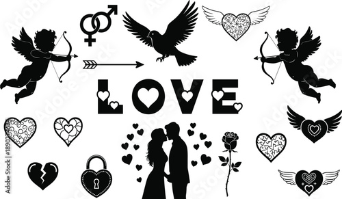 Black silhouette of love and romance including cupids hearts couple and rose