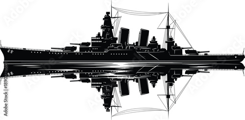 Battleship warship silhouette illustration with reflection, naval military vessel panorama, historic combat cruiser vector isolated on white background design artwork