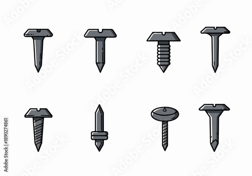 Stylized vector illustration set of various metal nails and screws, representing essential construction and DIY hardware components on a white background.