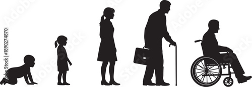 Black silhouette of a disabled man in a manual wheelchair with his loyal service dog companion isolated on white background for accessibility and support concepts