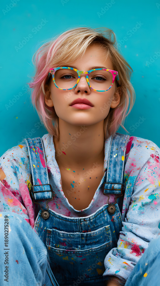 Obraz premium Young woman artist in paint stained overalls and colorful glasses