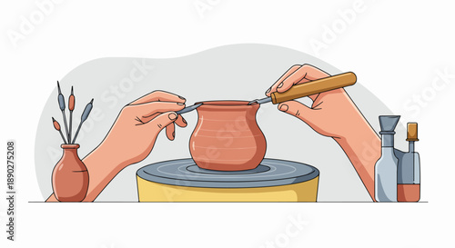 Hands crafting pottery on a potter's wheel, meticulously shaping a clay pot with various ceramic tools, illustrating the art of handmade earthenware.