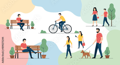 People enjoying various outdoor activities like reading on benches cycling walking with dogs and strolling together set against a soft abstract background, Generative AI.