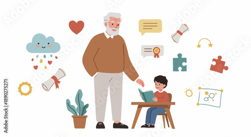 Generational learning, a caring grandfather guides a young boy in his studies, surrounded by icons of knowledge, achievement, and growth. Education and mentorship for future success.