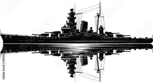 Black battleship silhouette with water reflection, military warship illustration, naval power concept, symmetry design, isolated on white background