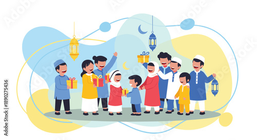 A joyous celebration of Eid with a group of happy children dressed in traditional attire exchanging gifts and lanterns under a festive night sky with crescent moons, Generative AI.