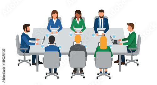 A professional business meeting in progress with diverse men and women seated around a conference table actively engaged in discussion and using laptops and tablets, Generative AI.