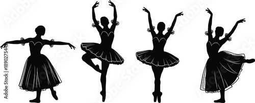 Ballet dancer silhouettes set showing graceful poses, classical dance illustration isolated on white background for art, design, decoration