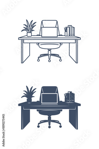Minimal Office Workspace Desk Icon and Glyphicon Illustration with Laptop and Chair