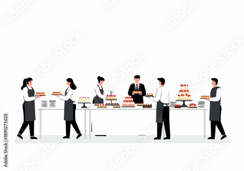 Professional catering staff meticulously arrange and serve a lavish dessert buffet with an array of cakes and pastries for a special event.