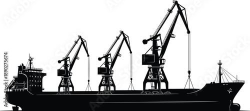 Cargo ship silhouette with deck cranes, industrial maritime transport vessel illustration, shipping logistics concept isolated on white background vector design