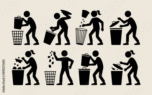 Various People Throwing Trash into Waste Bins.