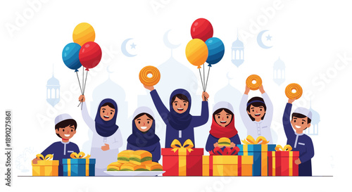 Group of happy Muslim children and adults celebrating with balloons gifts and sweets adorned with Islamic symbols for a festive occasion, Generative AI.
