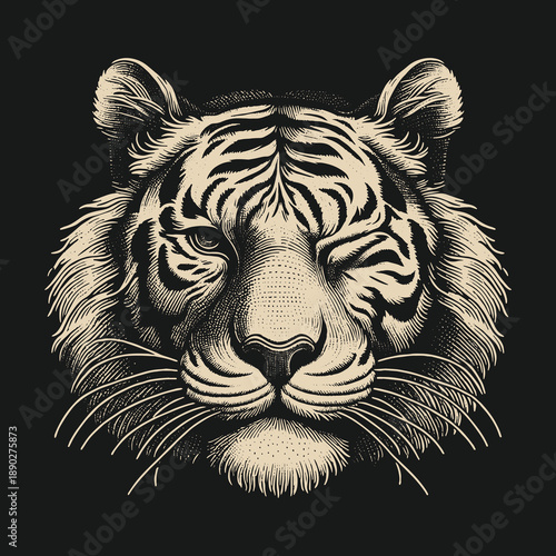 Intense Gaze of a Striking Tiger: A Detailed Engraving.