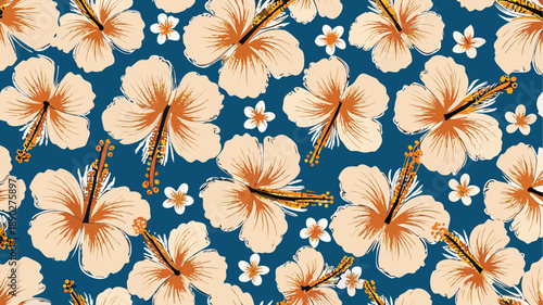 Vibrant orange and white hibiscus flowers on a blue background tropical floral pattern