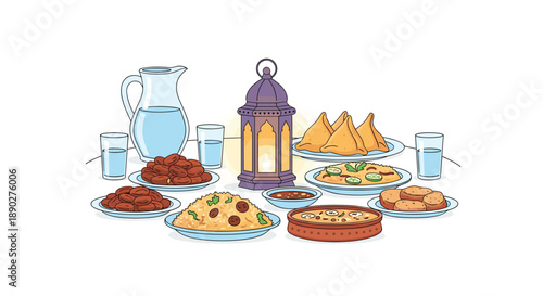 Ramadan Iftar Feast: A table laden with traditional foods like dates samosas rice and drinks centered around a glowing lantern signifying the communal breaking of fast, Generative AI.