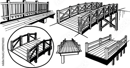 Black and white hand drawn vector bridge designs with wooden railings in various perspectives and angles detailed sketches