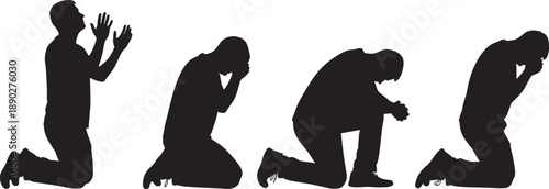 Black silhouette of a man kneeling in prayer and emotional distress isolated on white background for religion spirituality mental health and grief concept designs