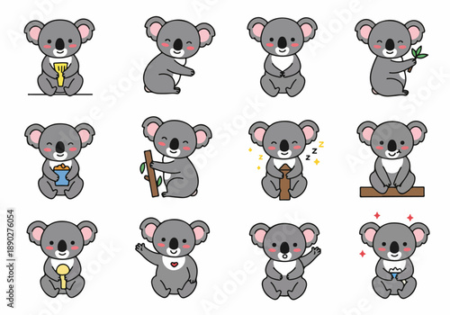 Canvas Print Cute cartoon koalas with various poses and activities, including eating, sleeping, and waving, isolated on a white background, perfect for children's designs