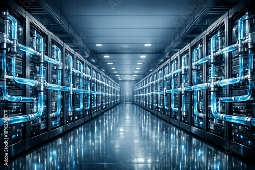 Modern data center with glowing blue liquid cooling pipes running between server racks