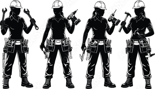 Female construction workers silhouette illustration holding tools, professional women builders teamwork concept, industrial labor vector isolated on white