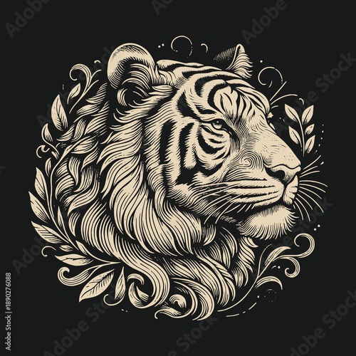 Majestic Tiger Portrait: A Detailed Engraving with Floral Accents.