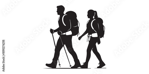 Silhouette of hiker. Collection of male and female hiker. mountaineer climber hiker people, vector silhouette collection. hiking man and woman with rucksack silhouette. Backpacker and climber people.